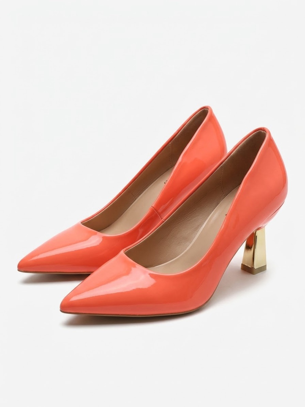 Classic Pointed Toe Pump in Coral with Gold Heel